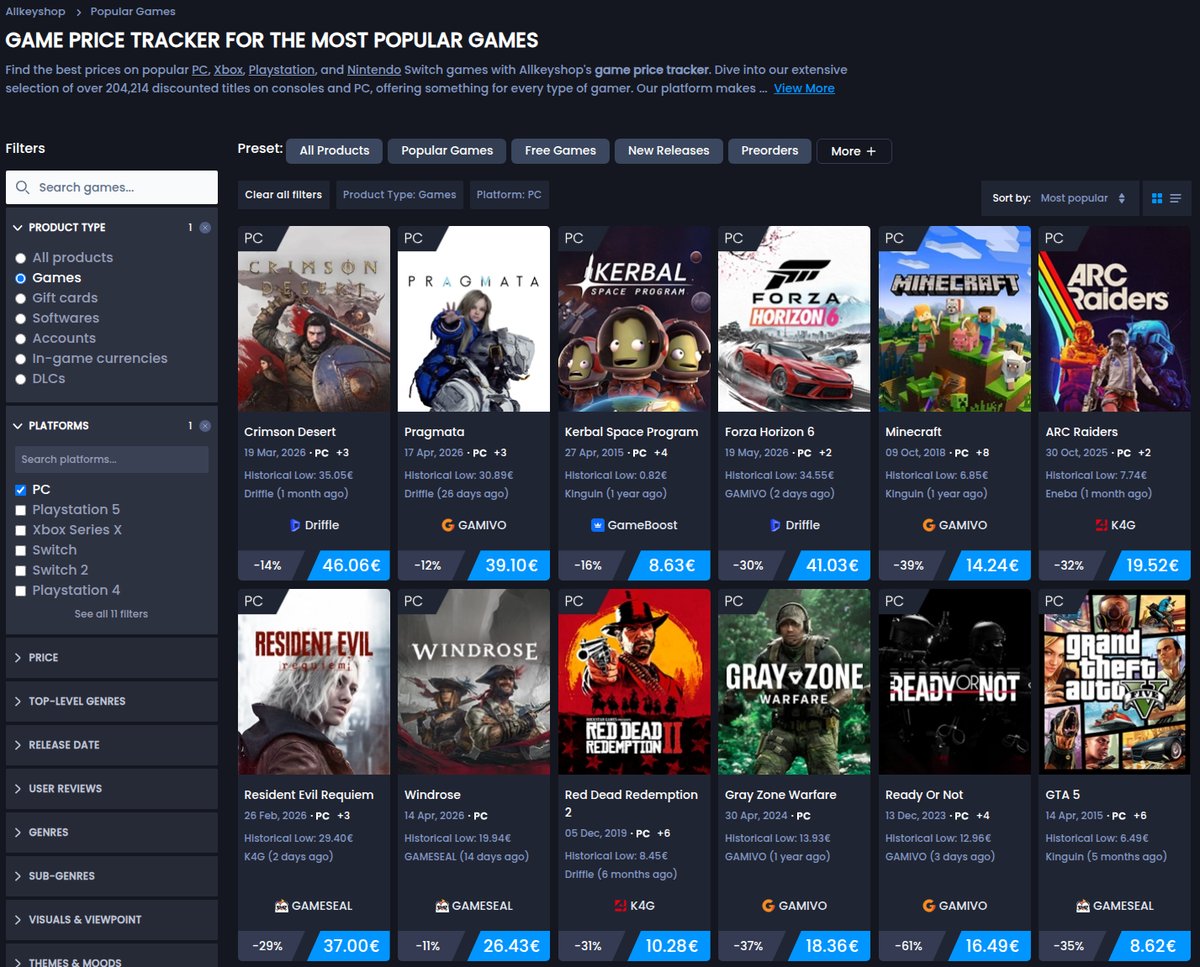 Catálogo de jogos PC da CDKeyPT filtrado por plataforma, rastreador de preços em tempo real