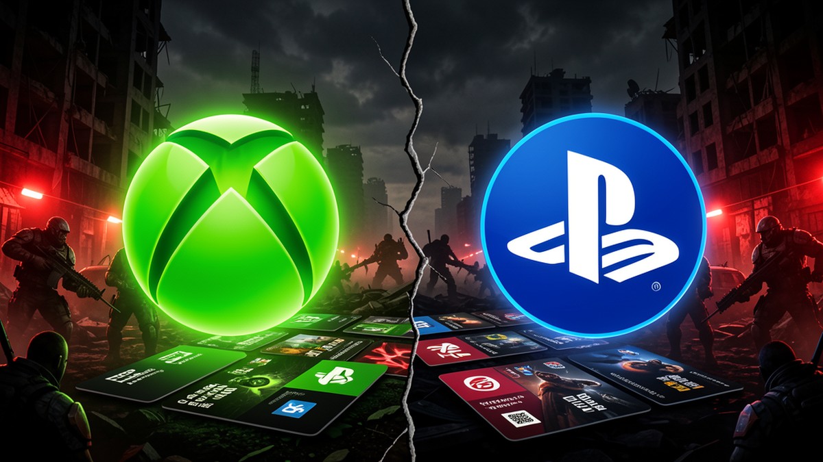 Logótipo Xbox versus logótipo PlayStation com atmosfera de Gears of War E-Day