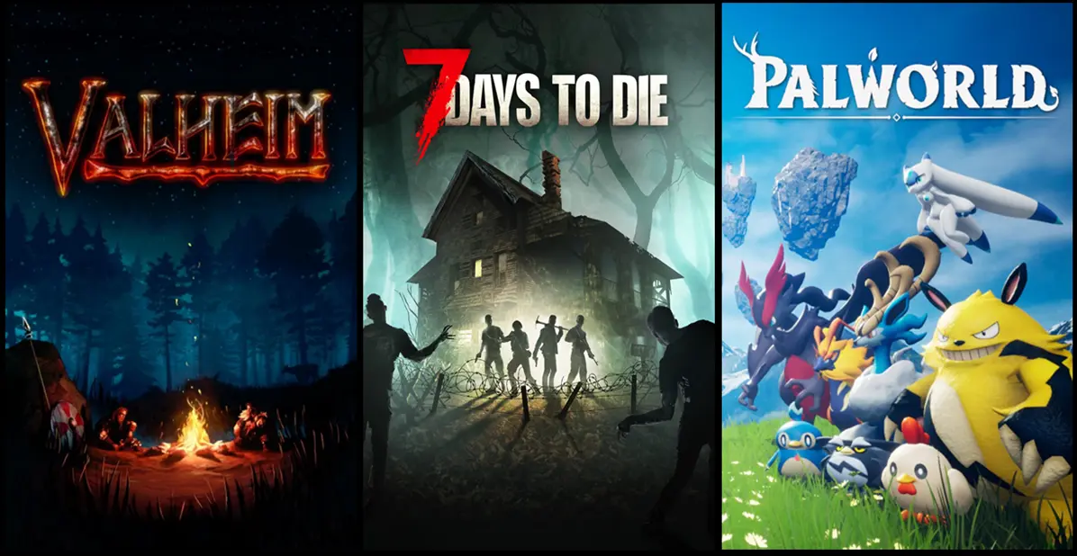 Uma colagem de jogos de sobrevivência multijogador para PC, incluindo Valheim, 7 Days to Die e Palworld