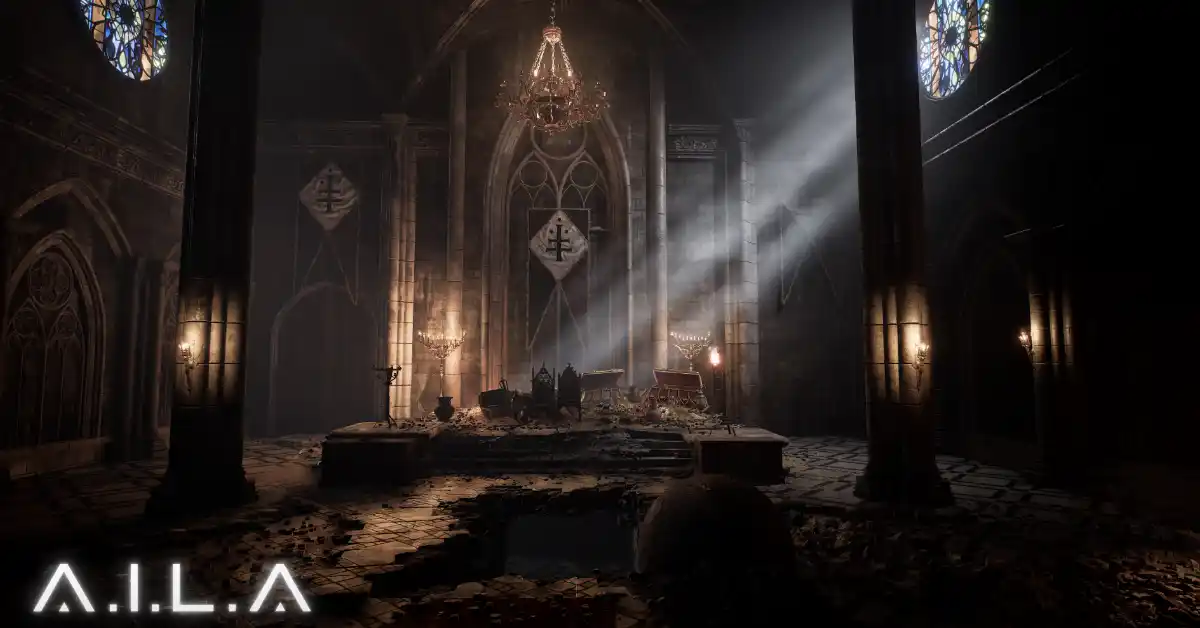 Captura de gameplay de A.I.L.A mostrando um cenário de horror medieval criado pela IA