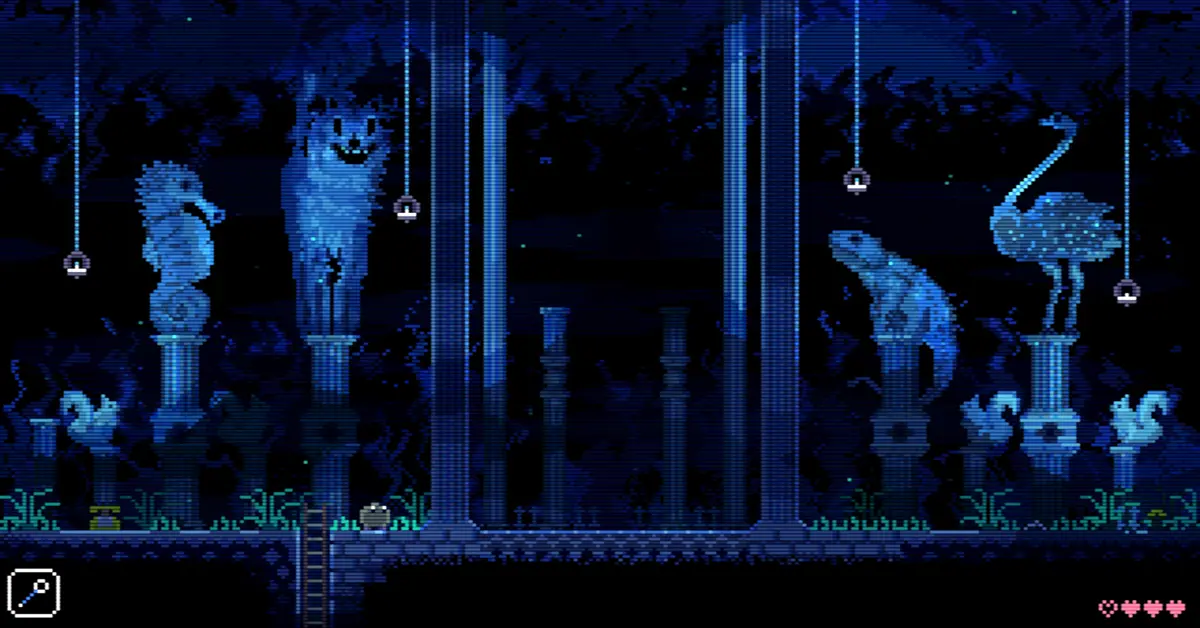 Captura de ecrã do gameplay de Animal Well mostrando um puzzle atmosférico sombrio em pixel art