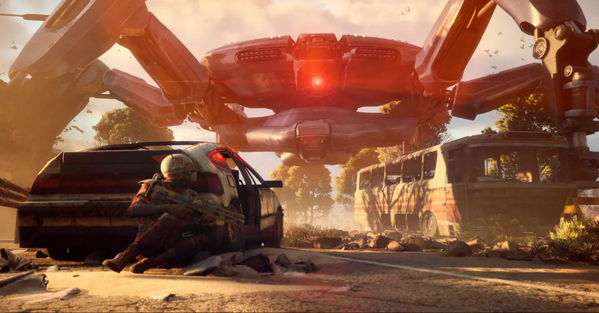 Esquadrão de ARC Raiders a lutar contra uma enorme máquina mecânica numa Terra em ruínas