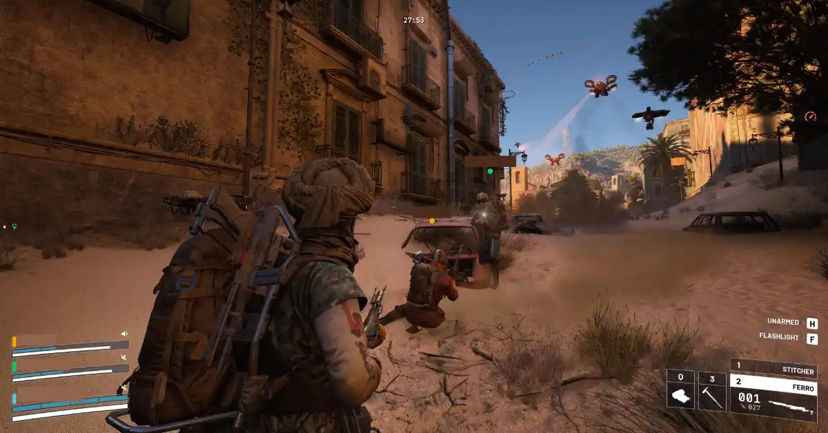 Jogadores de Arc Raiders enfrentam uma enorme máquina ARC num cenário pós-apocalíptico