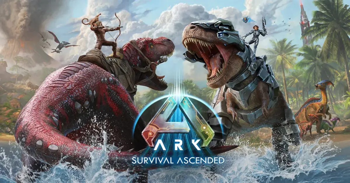 Um jogador montado num enorme T-Rex na selva exuberante de próxima geração de ARK: Survival Ascended.