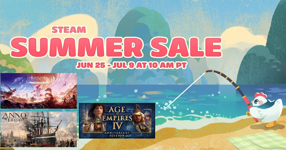 Ecrã inicial das Promoções de Verão do Steam 2026 ao lado de capas digitais de jogos para Horizon Forbidden West, Anno 1800 e Age of Empires IV