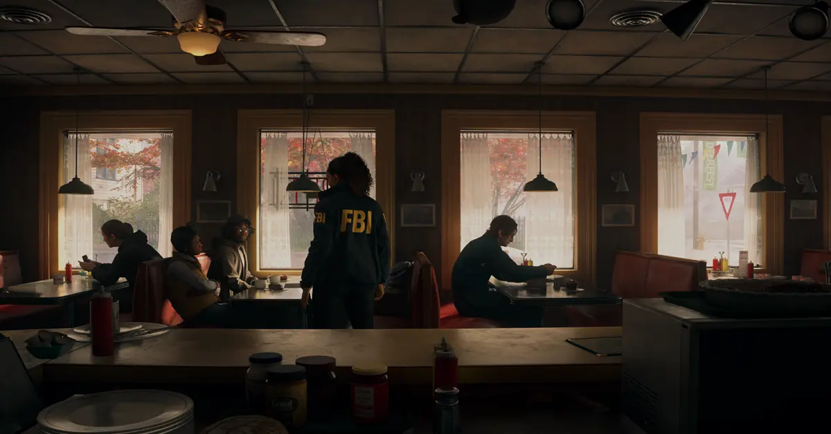 Captura de ecrã de jogabilidade de Saga Anderson a investigar uma cena de crime em Bright Falls.