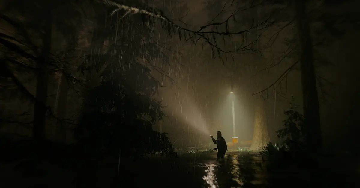 Alan Wake e Saga Anderson nos bosques do Noroeste do Pacífico.