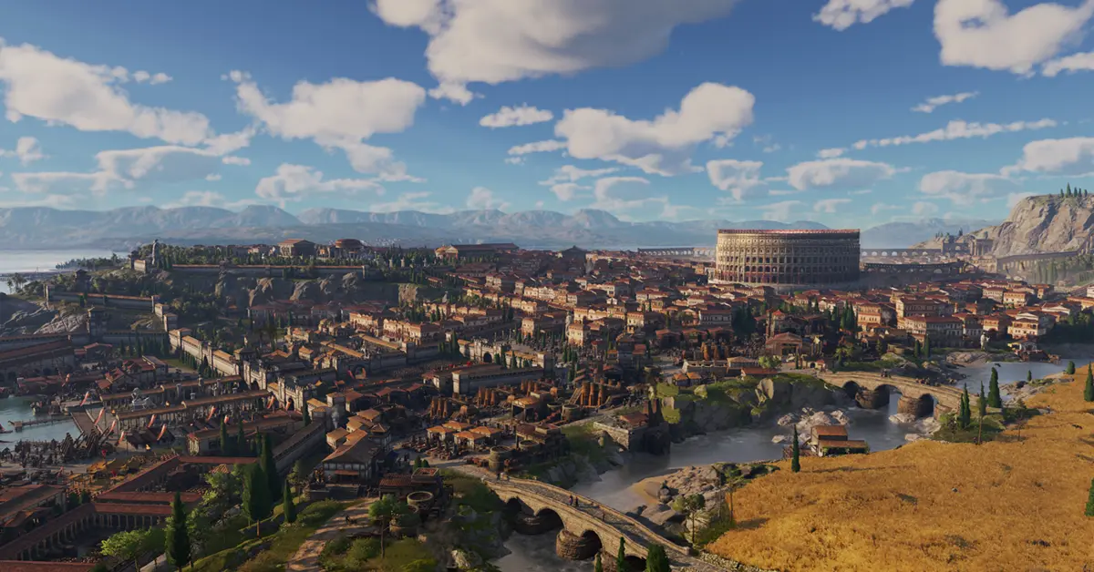 Interface de jogo de Anno 117 mostrando o ecrã de gestão provincial no Lácio