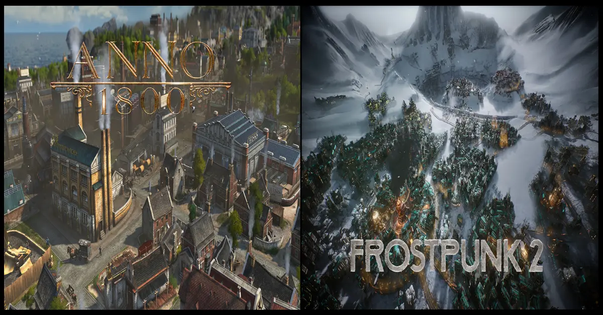 Comparação lado a lado de uma cidade industrial expansiva em Anno 1800 e um posto avançado coberto de neve em Frostpunk 2