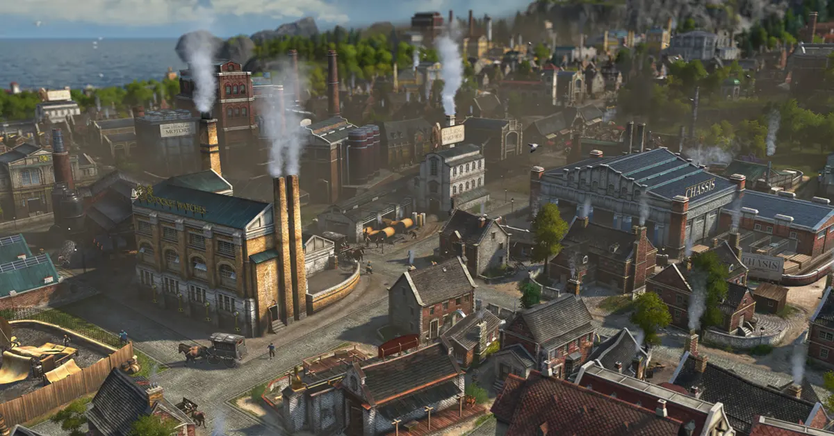 Grande plano cinematográfico de uma grelha urbana industrial no Anno 1800