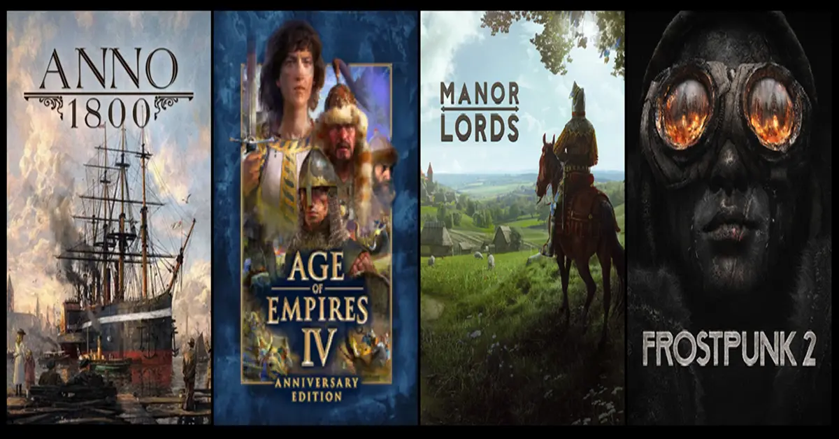 Colagem de ilustrações de Anno 1800, Age of Empires IV, Manor Lords e Frostpunk 2