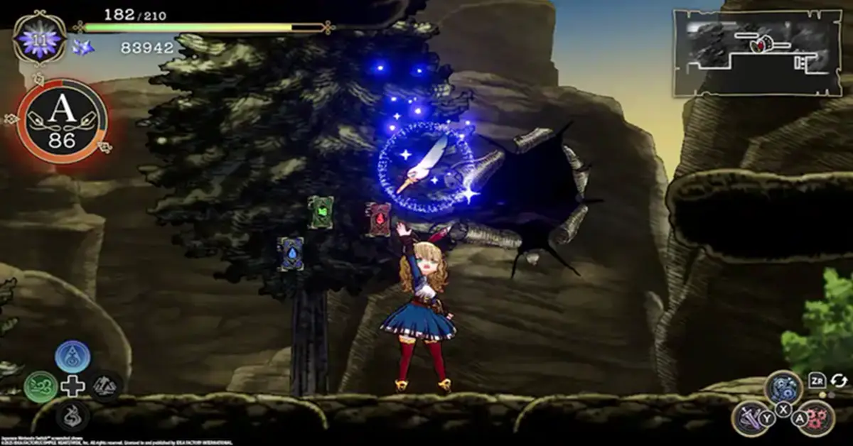 Ariana a lançar um feitiço de combate brilhante num ambiente de floresta exuberante e encantada em Ariana and the Elder Codex.