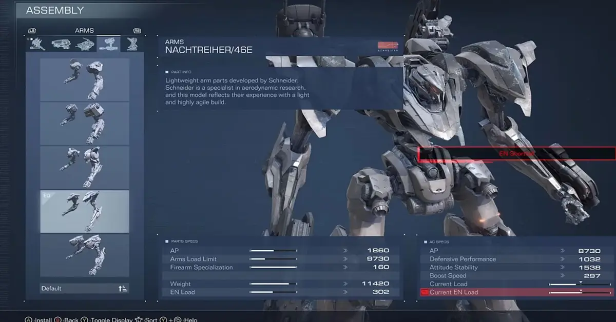 O menu de Assembly em Armored Core VI mostrando estatísticas detalhadas para diferentes pernas, braços e peças de armas.