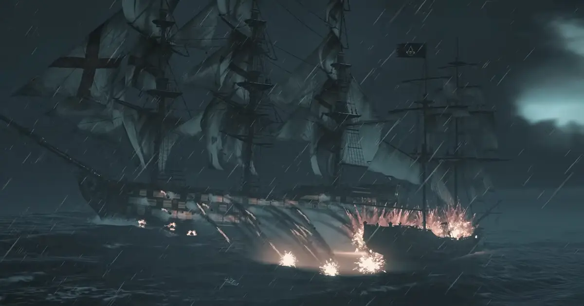 O navio Jackdaw disparando canhões contra um galeão britânico durante uma tempestade em Black Flag Resynced