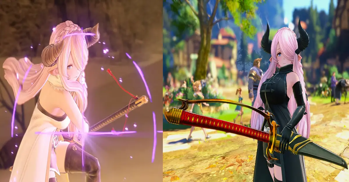 Comparação entre a jogabilidade padrão e os conjuntos de armaduras cosméticas da edição Deluxe em Granblue Fantasy Relink