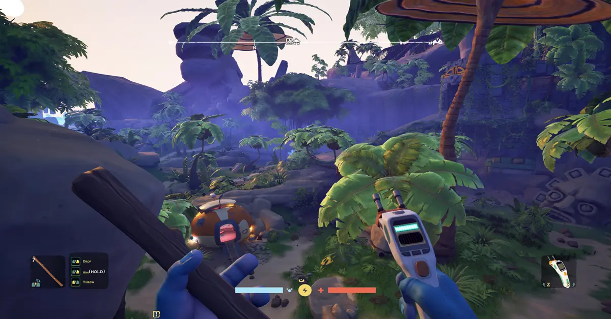 Gameplay de Astrobotanica a recolher recursos na terra pré-histórica