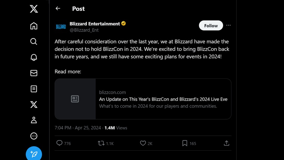 Notícias do Twitter sobre o cancelamento da BlizzCon 2024