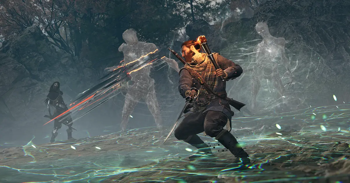 Captura de ecrã do jogo a mostrar Red mac Raith em combate com uma entidade espetral em New Eden.