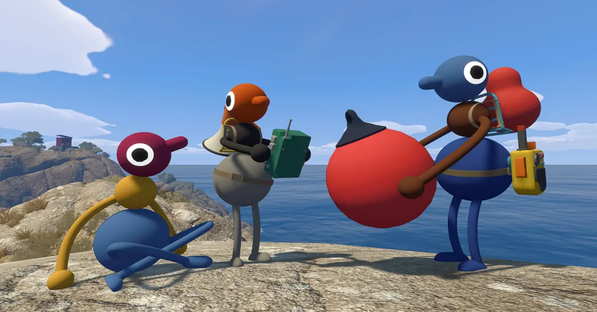 Jogadores de Big Walk reunidos num ambiente de matagal utilizando o chat de proximidade
