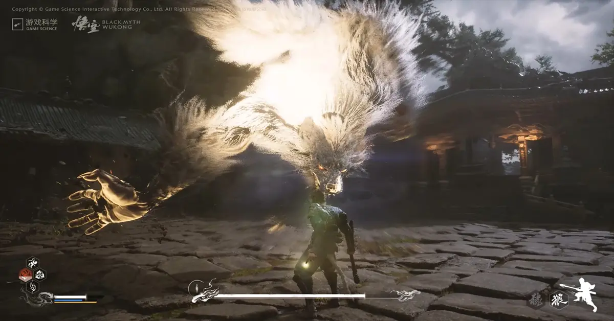 Captura de ecrã do jogo de uma cena de batalha contra um chefe no Black Myth Wukong