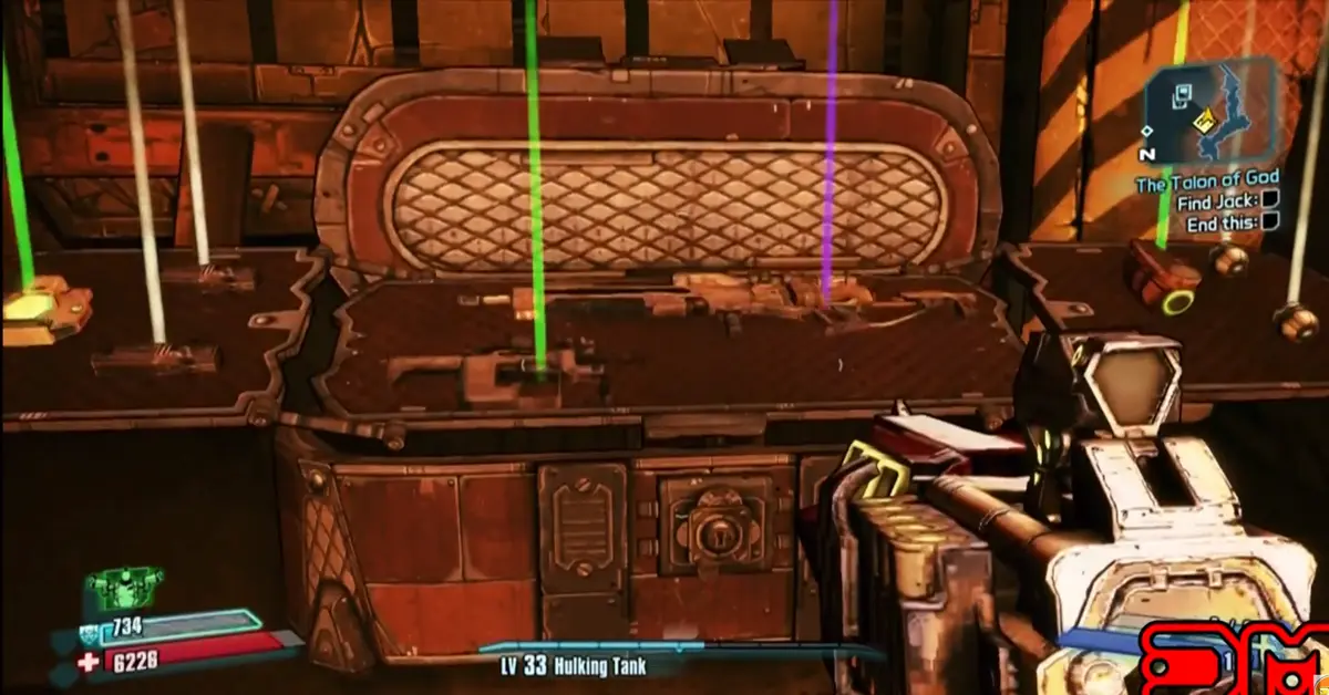 Um personagem a saquear um baú de armas brilhante em Borderlands 2.