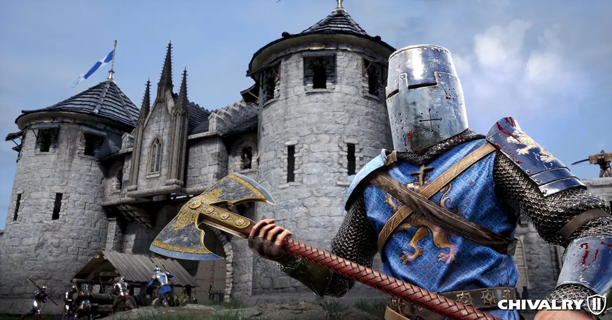 Cavaleiros a empurrar um ariete contra o portão de um castelo em Chivalry 2.