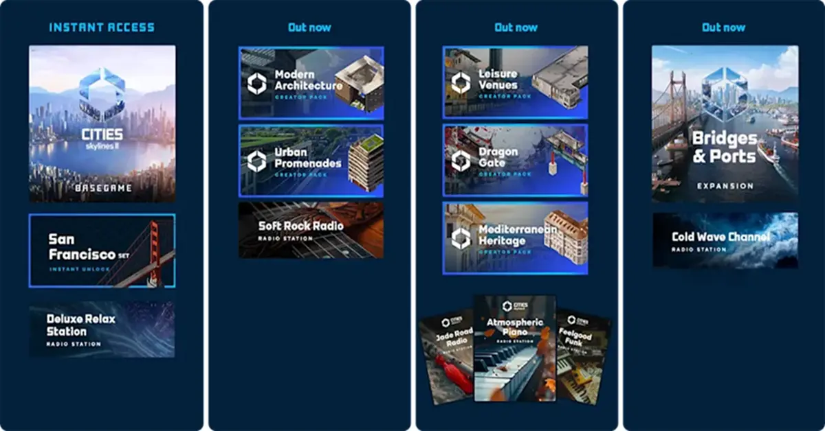 Comparação dos conteúdos das edições e roteiros de DLC para Cities: Skylines 2.