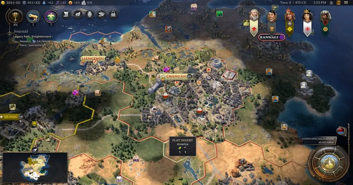 Uma vista detalhada de um império em expansão a transitar da Idade da Antiguidade para a Idade dos Descobrimentos no Civilization VII