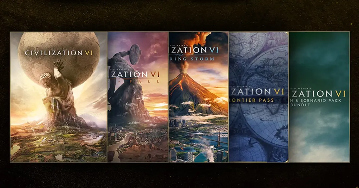 Menu principal do Civilization VI e ecrã de seleção de expansões