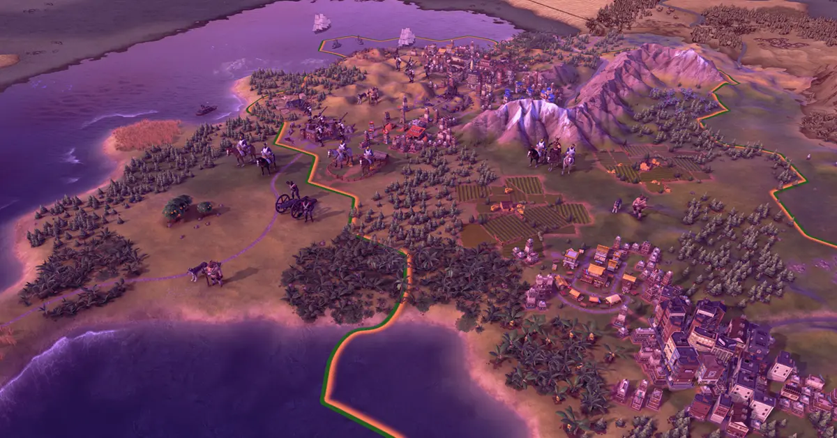 Mapa de grelha hexagonal do Civilization VI a mostrar a expansão do império