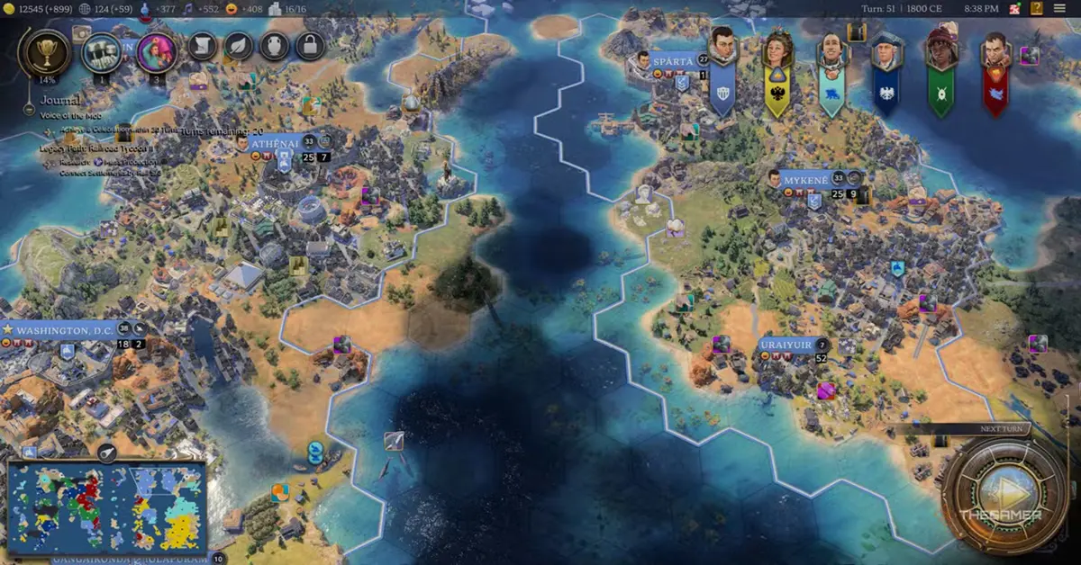 Vista do mapa tático no Civilization VII mostrando cidades em expansão ao longo de um continente exuberante