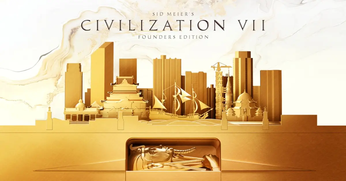 Arte principal de Civilization VII com líderes históricos olhando sobre um vasto império em expansão