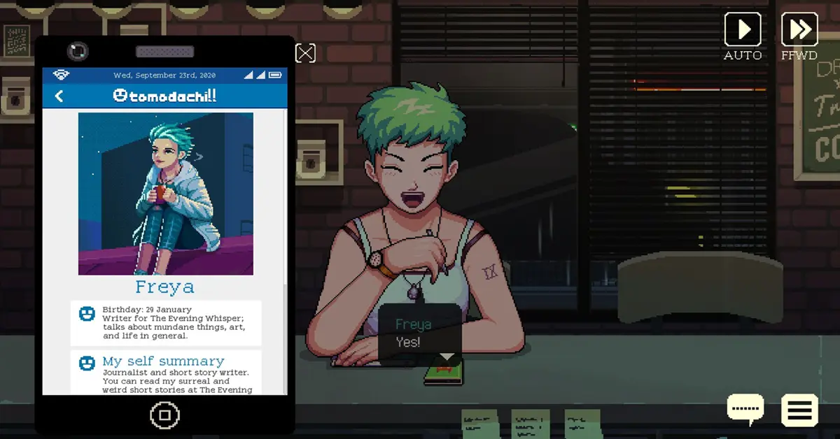 A interface das redes sociais Tomodachill no jogo Coffee Talk Tokyo.