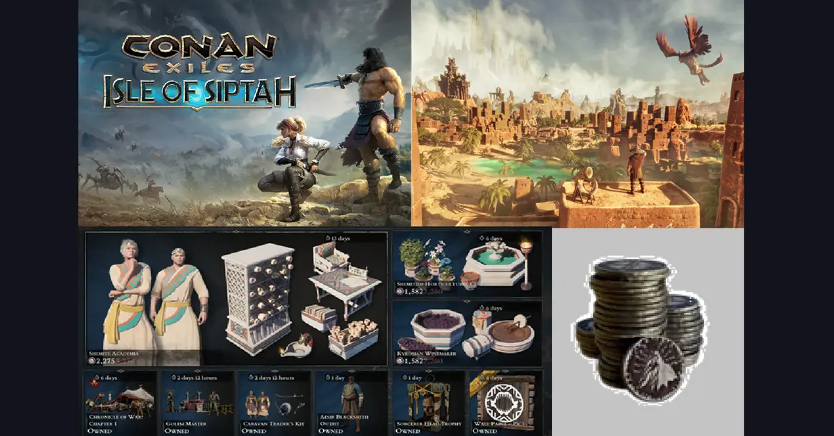 Interface de jogo comparando o território oceânico da Isle of Siptah com a clássica vastidão desértica das Terras do Exílio, ao lado da loja do Bazar com Moedas de Crom.