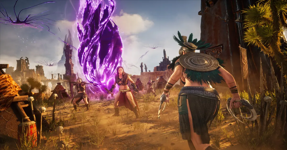 Feiticeiro de Conan Exiles a canalizar magia negra contra uma criatura Mi-Go grotesca junto a uma fenda dimensional brilhante.