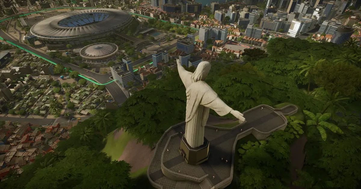 Vista aérea de um enorme estádio de futebol rodeado por fan zones e tráfego logístico em Copa City.