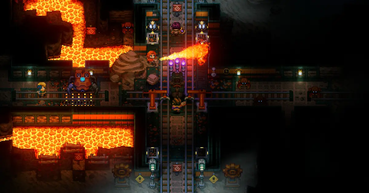 Jogador de Core Keeper a extrair minérios numa caverna subterrânea com gráficos em pixel art