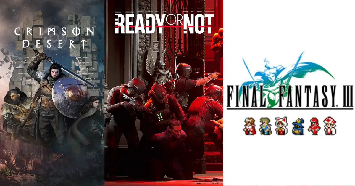 Ecrã dividido a mostrar combate em mundo aberto em Crimson Desert, invasões táticas em Ready or Not, e pixel art 2D de Final Fantasy III