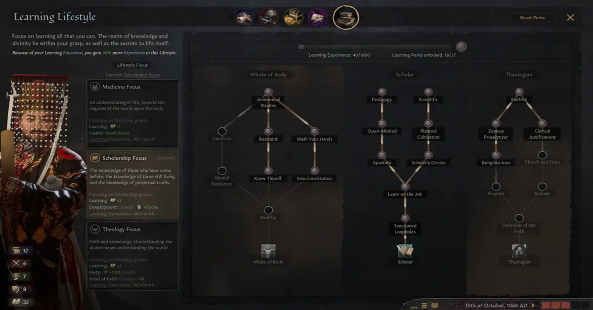 O ecrã de gestão de competências e traços de personagem em Crusader Kings III.