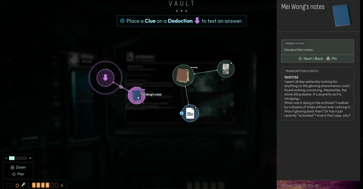 A interface do Vault exige uma gestão meticulosa das provas de forma a prevenir qualquer deterioração da saúde mental durante a investigação.