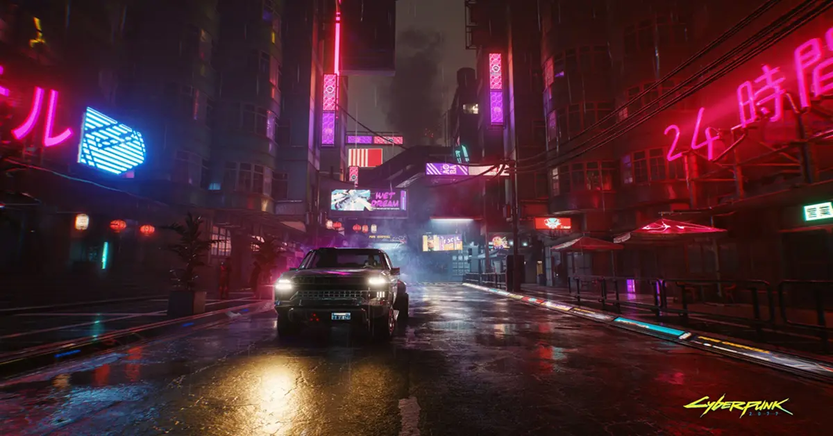 V a conduzir um carro desportivo futurista pelas ruas de néon de Night City em Cyberpunk 2077