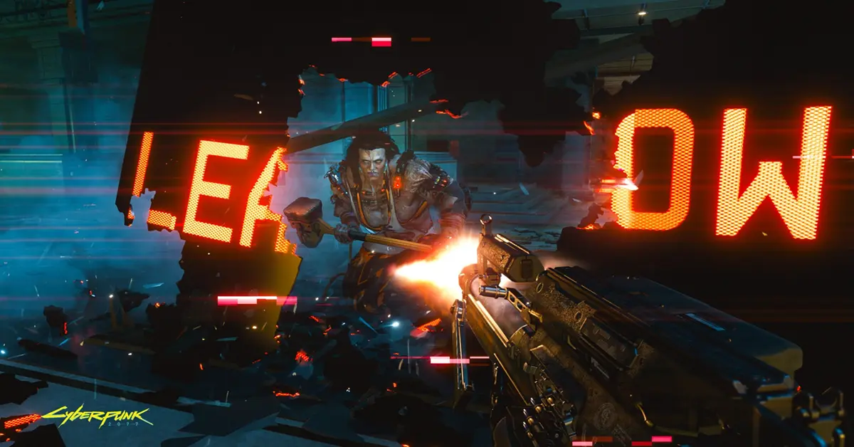 V a disparar uma arma inteligente durante um combate explosivo em Cyberpunk 2077