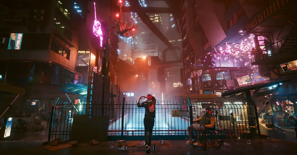 Protagonista V de Cyberpunk 2077 Ultimate Edition a olhar para Night City