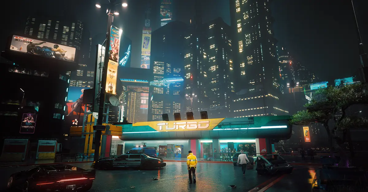 V a olhar para o horizonte iluminado a néon de Night City em Cyberpunk 2077
