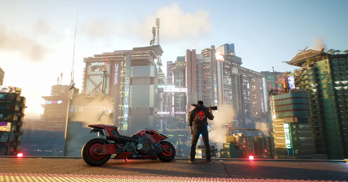 V a observar o horizonte iluminado a néon de Night City em Cyberpunk 2077