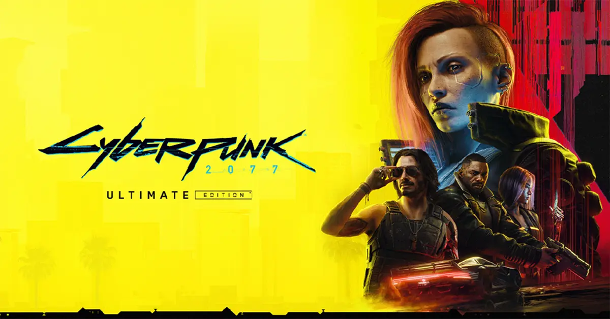 Arte de capa de Cyberpunk 2077 Ultimate Edition mostrando V em Night City