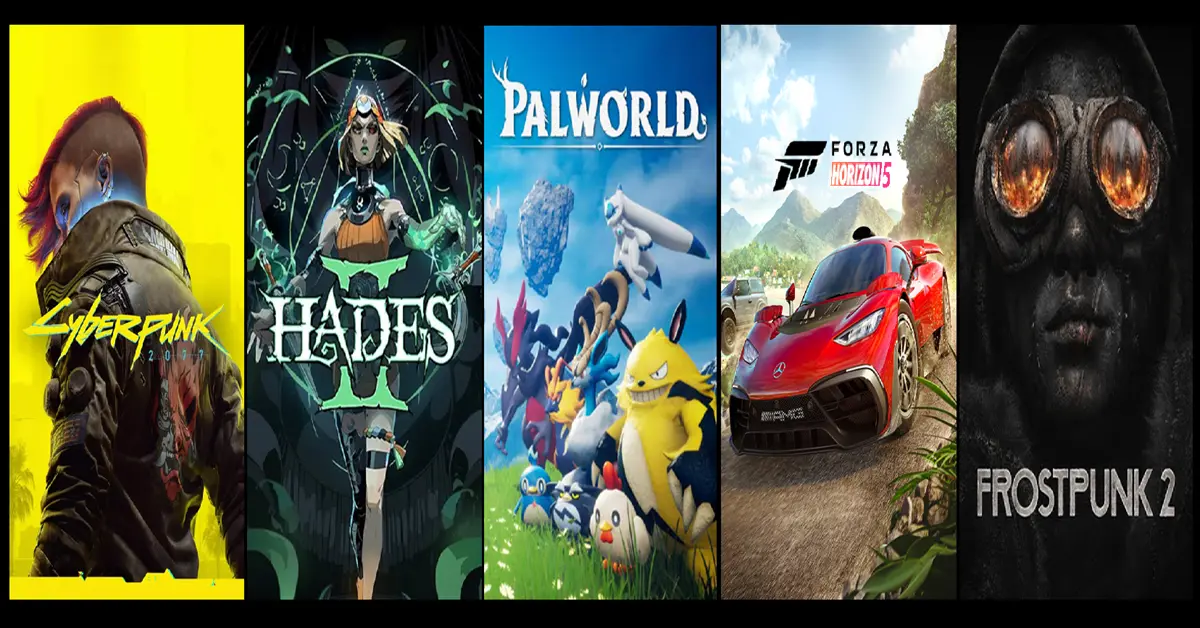 Ecrã dividido a mostrar Cyberpunk 2077, Hades 2, Palworld, Forza Horizon 5 e Frostpunk 2