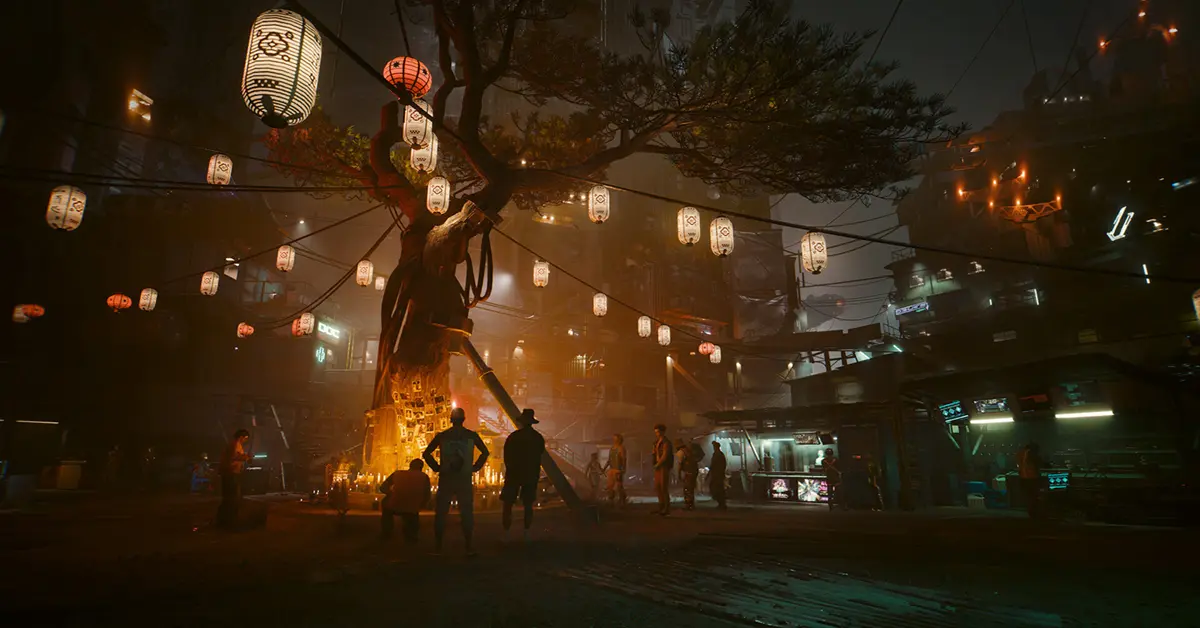 V e Solomon Reed de pé nas ruínas iluminadas por neon de Dogtown em Cyberpunk 2077 Phantom Liberty