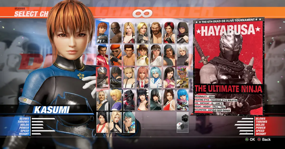 Menu principal ou ecrã de seleção de personagens de Dead or Alive 6 no PC