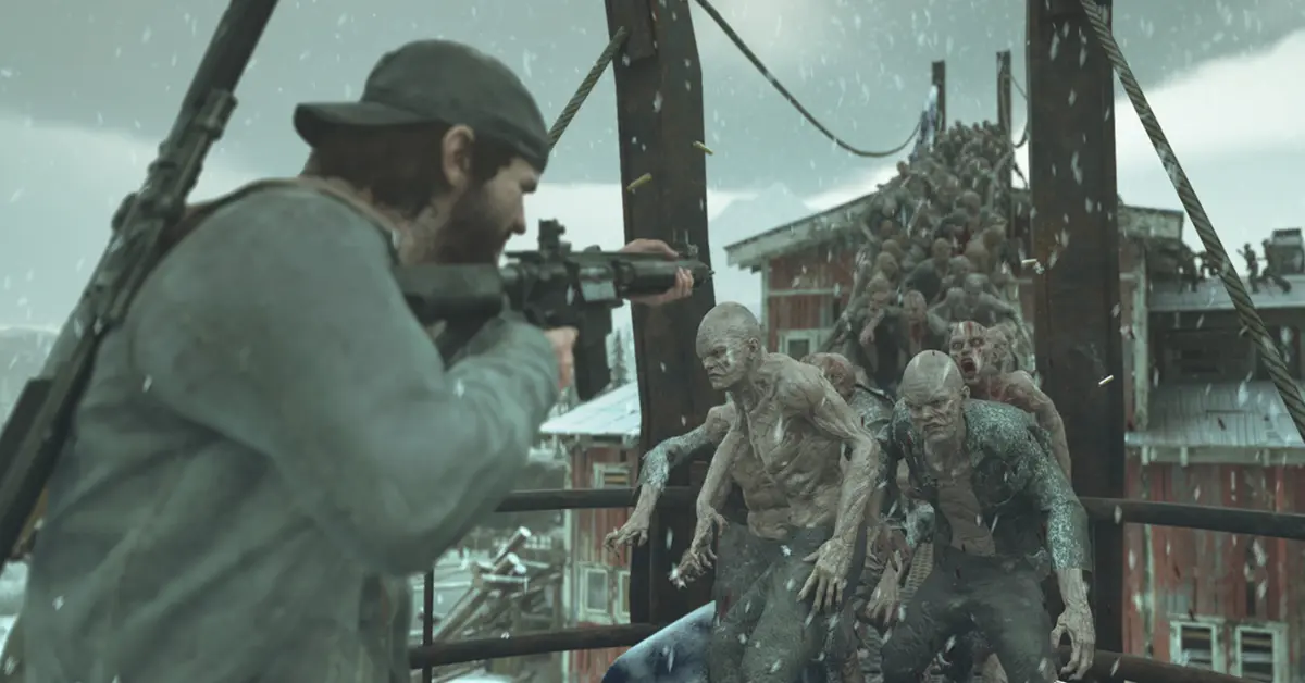 Uma enorme horda de freakers a perseguir Deacon através de uma serração abandonada em Days Gone.